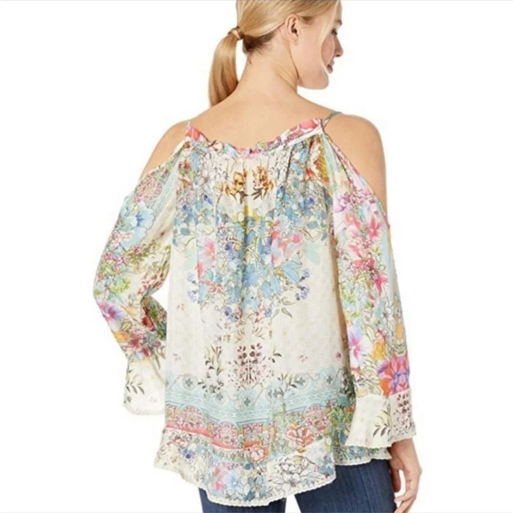 Johnny Was Daria 100% Silk Boho Cold Shoulder Boho Bell Sleeve Blouse Top S - Picture 4 of 13